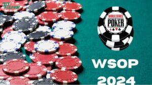 Ang larawang ito ay may mga poker chips na ginagamit sa poker at naksulat dito ang World Series of Poker